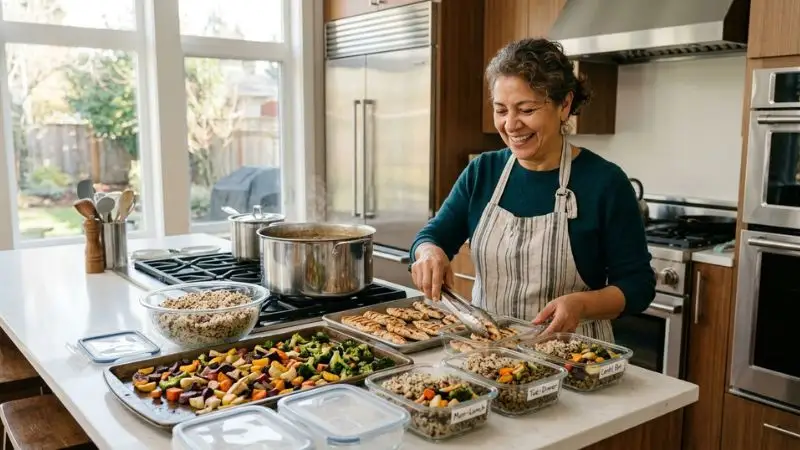 Batch cooking du dimanche après 50 ans avec légumes rôtis, quinoa et protéines prêtes