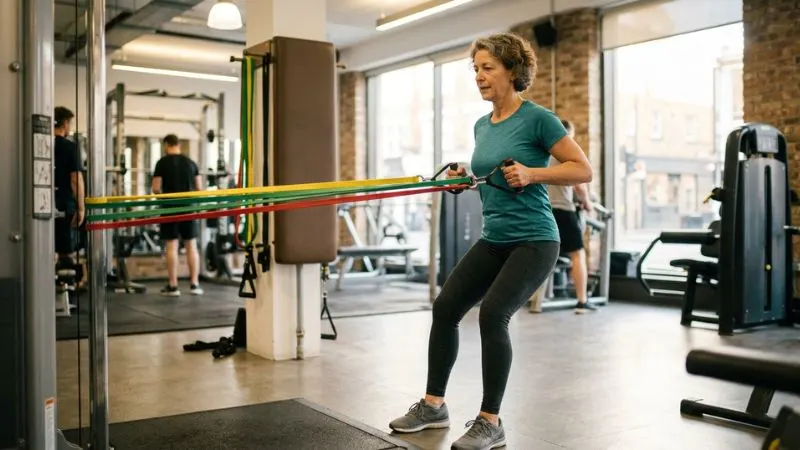 Femme en renforcement musculaire après 50 ans avec élastiques pour perdre du poids