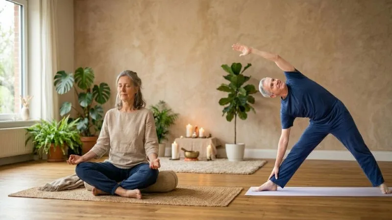 Un homme et une femme d'environ 55-60 ans, en posture de yoga
