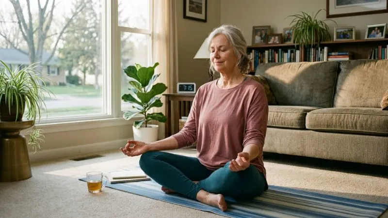Femme de 67 ans pratiquant yoga matin 15 minutes quotidiennes après 50 ans, tapis salon, régularité plutôt
qu'intensité