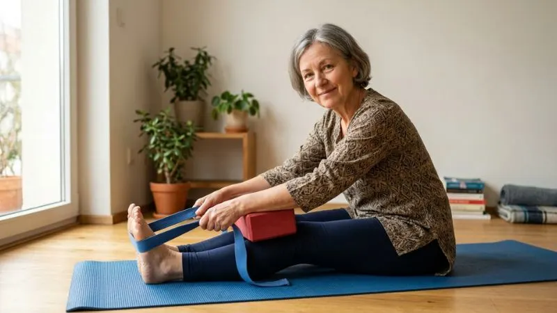 Femme de 62 ans débutante yoga utilisant une brique et une sangle pour adapter posture, yoga accessible sans
souplesse après 50 ans