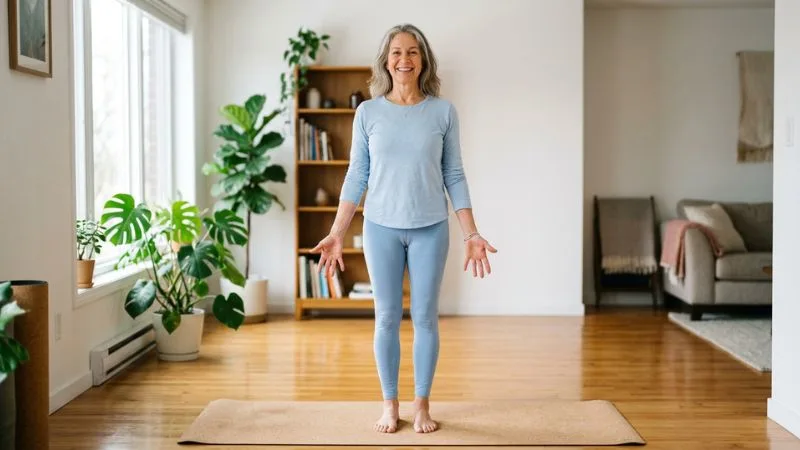 Femme de 60 ans souriante en posture de yoga debout après 50 ans, transformation raideur en légèreté, vitalité
retrouvée, posture confiante