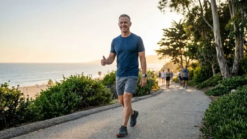 Homme de plus de 50 ans en bonne santé, actif et souriant, en train de faire une
marche avec assurance, silhouette tonique.