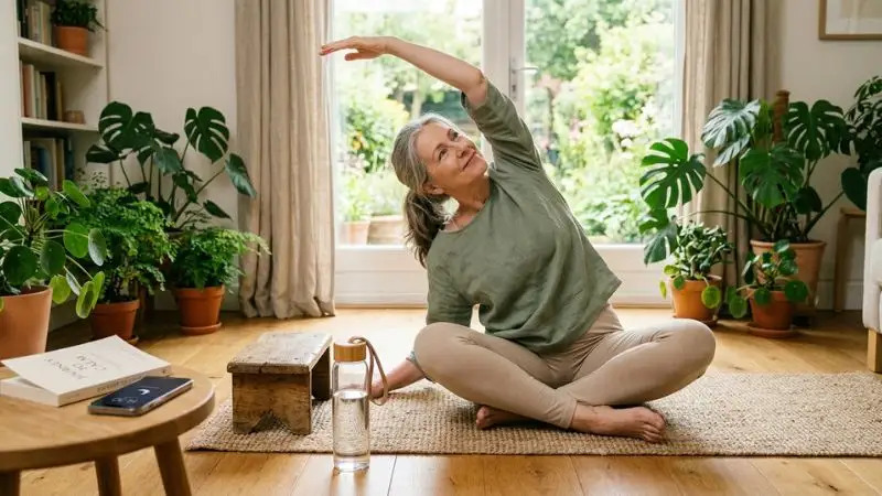 Femme âgée faisant un étirement sur un tapis, dans un salon lumineux avec des plantes.