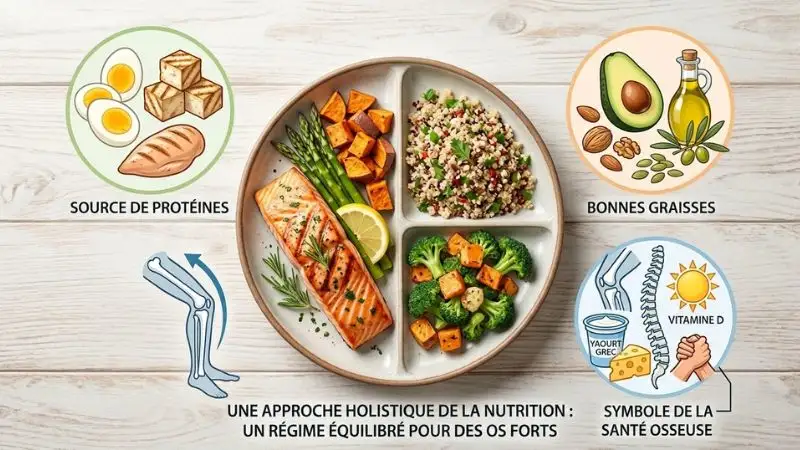 Une assiette équilibrée au centre, entourée de trois éléments visuels : une source de protéines. Des bonnes graisses et un symbole lié à la santé osseuse
(produits riches en calcium, vitamine D, soleil doux.