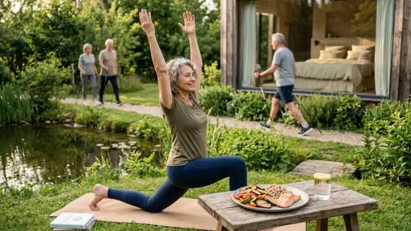 Image d’une scène de bien-être global : assiette équilibrée, verre d’eau, personne mature qui marche, dort bien ou fait une activité douce.