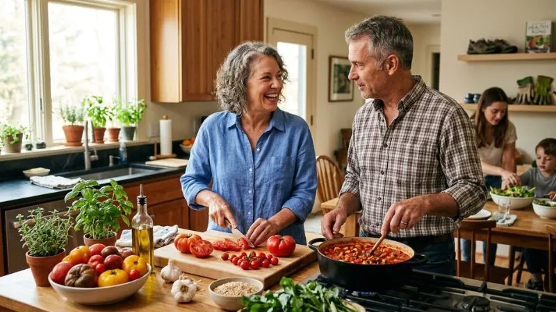 couple en train de préparer a repas avec de la tomate fraiche dans un contexte de santé globale après 50 ans