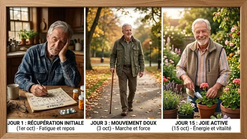 une personne senior cochant les jours sur un calendrie montrant une évolution (jour 1 : légère fatigue à table, jour 3 : marche ou activité douce, jour 15 : sourire énergique)