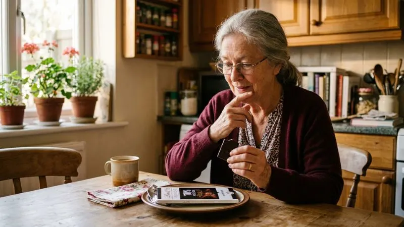 une personne senior face à une tablette de chocolat ou une pâtisserie,
avec une expression de tentation ou de réflexion.