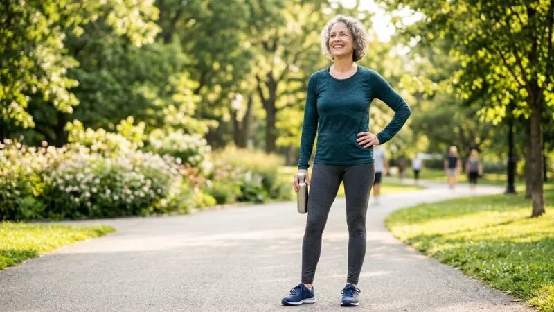 Image d’une personne de plus de 50 ans souriante, debout bien droite, dos souple et posture confiante, dans un cadre lumineux.