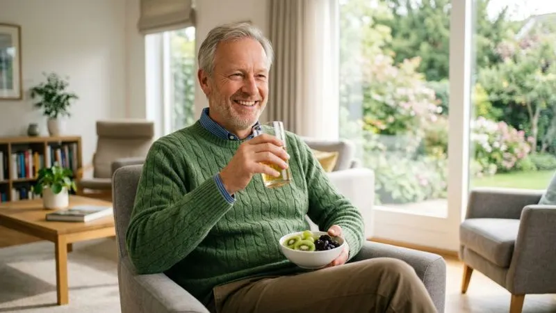 Homme âgé souriant tenant un verre de jus de pomme et un bol de fruits dans un salon clair.