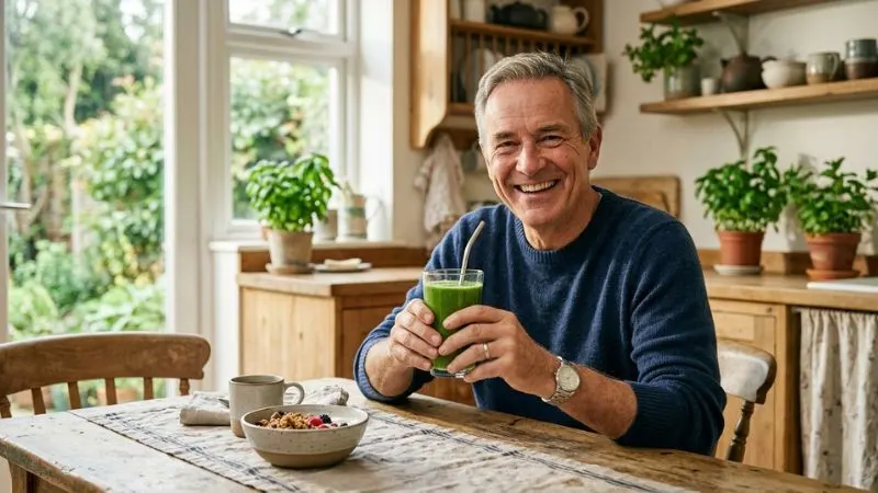 Image positive et inspirante d’une personne de plus de 50 ans souriante, tenant une boisson saine dans une cuisine, avec un sentiment de légèreté retrouvée