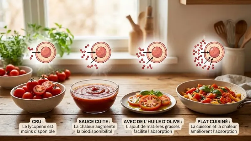 tomate préparée de différentes façons, crue, en sauce, avec huile d’olive ou en plat cuisiné, pour illustrer
la meilleure absorption des nutriments