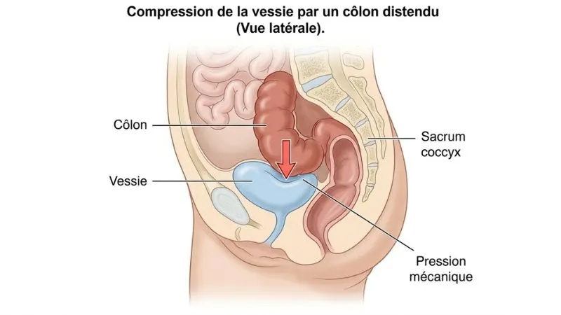 Illustration d’un côlon qui appuie sur la vessie avec une flèche rouge vers le bas.