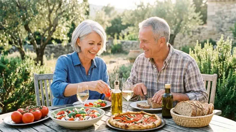 scène positive de bien-vieillir, avec des tomates intégrées dans un repas convivial, une table ensoleillée, et le plaisir de manger sainement après 50 ans.
