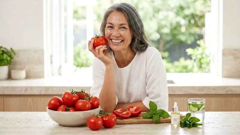une femme tenant une tomate collée au visage l’idée d’un aliment qui contribue à l’éclat de la peau et à préserver la jeunesse