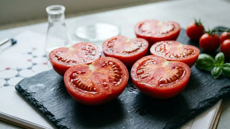 gros plan sur des tomates très rouges, fraîches, juteuses, coupées en deux pour montrer la chair et la richesse du lycopène