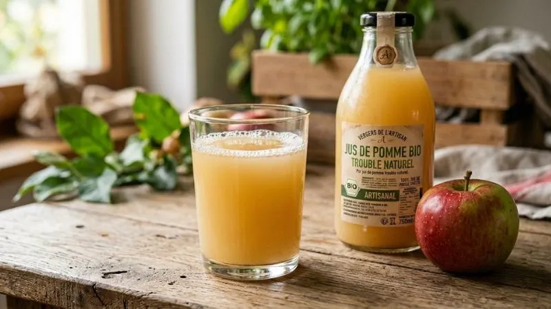 Verre de jus de pomme trouble, bouteille artisanale et pomme rouge sur une table en bois