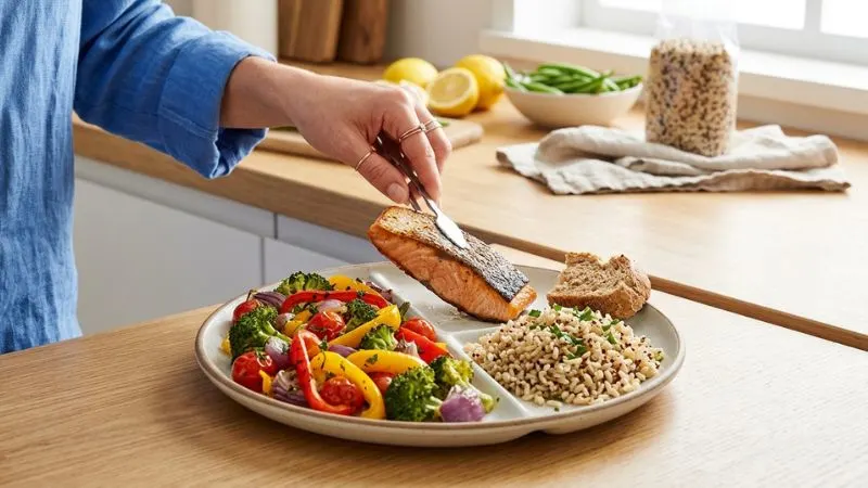assiette équilibrée : légumes, belle portion de protéines, glucides complets en accompagnement. une main qui compose l’assiette : fibres, protéines, glucides