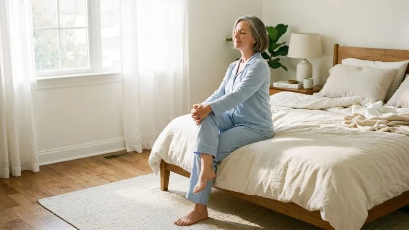 Image d’une personne de plus de 50 ans au réveil, assise au bord du lit, en train de faire un petit mouvement
de mobilisation douce.