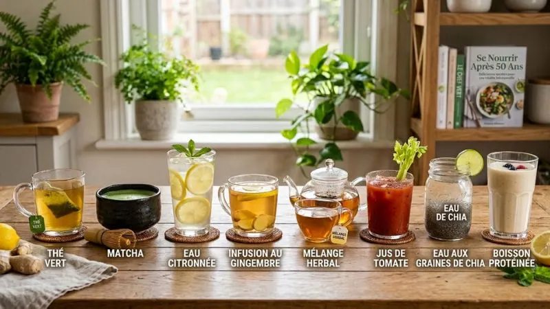 Image d’une table avec plusieurs boissons alignées : thé vert, matcha, eau citronnée, infusion de gingembre, tisane
aux plantes, jus de tomate, eau avec graines de chia, éventuellement une boisson protéinée