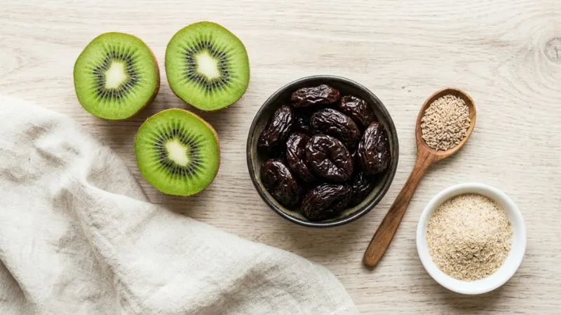 Des kiwis coupés, des pruneaux, une cuillère de graines et un bol de poudre disposés sur une table claire.