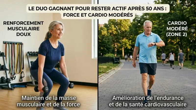Image d'un côté une personne de plus de 50 ans en séance de renforcement musculaire léger, de l’autre une activité cardio modérée (marche rapide)