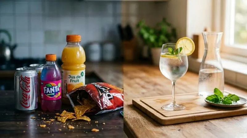 Image plus contrastée, montrant ce qu’il vaut mieux éviter : soda, boisson sucrée, alcool, jus industriel ou snack transformé. ou en opposition, on peut voir un verre
d’eau simple ou une boisson naturelle pour symboliser le bon choix.
