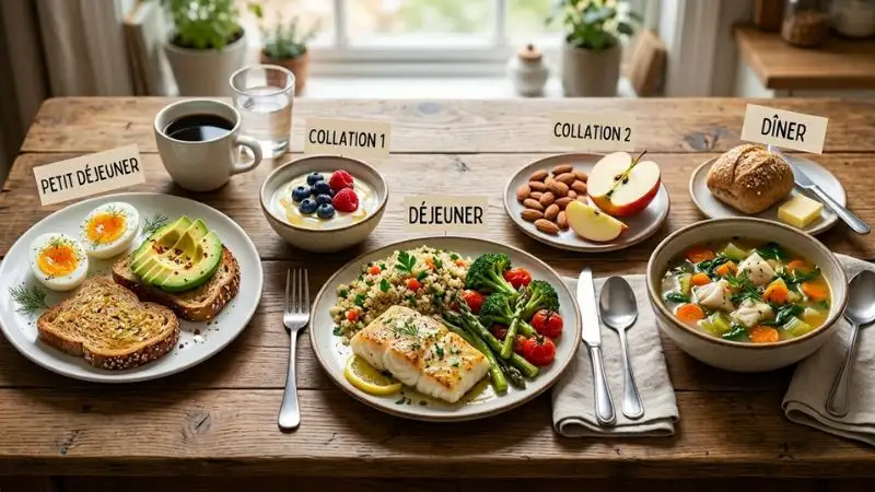 Image de repas sur une journée : petit-déjeuner (œufs, avocat, pain complet), collation (yaourt + myrtilles), déjeuner (poisson + légumes + quinoa), collation (amandes + pomme), dîner (soupe + poisson blanc)