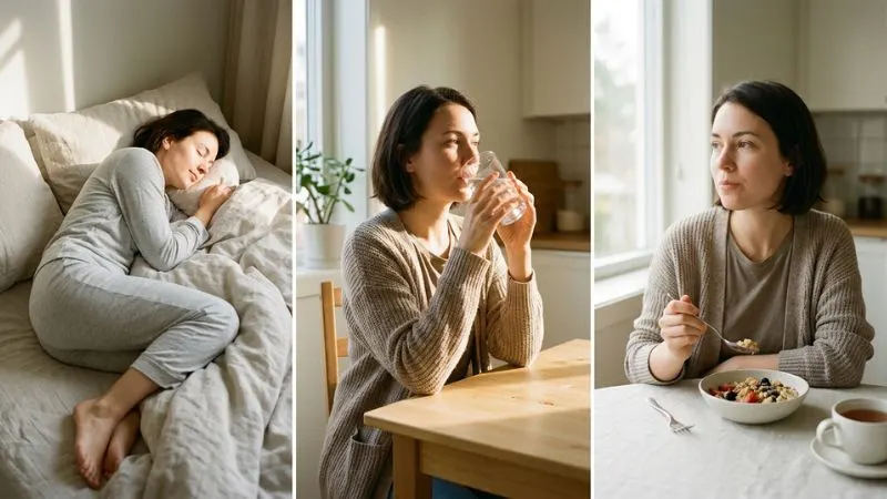 Image d’un quotidien sain et global : personne qui dort paisiblement, qui prend un verre d’eau, qui mange lentement en mastiquant bien