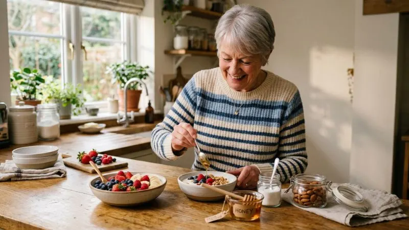 Une femme senior en train de préparer une collation saine avec un air satisfait. L'ambiance évoque le choix positif et accessible, pas la restriction.