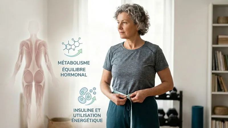 Femme 55 ans en train d’observer
son corps, mesurer son tour de taille, regarder une balance, au fond des éléments visuels : silhouette avec muscles, petite icône d’hormones.