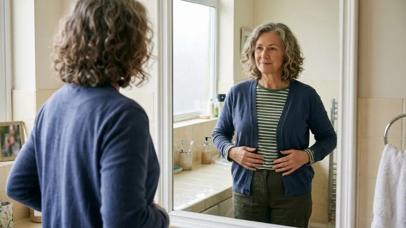 une personne mature en tenue du quotidien, observant son reflet dans un miroir ou touchant sa taille avec une expression de
constat calme symbolisant du
vieillissement métabolique