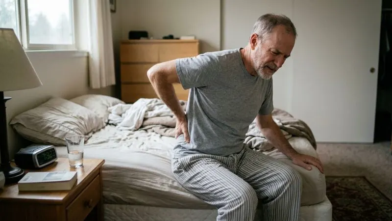 Homme de 60 ans qui se lève d’un lit avec une légère raideur, une main posée sur le bas du dos. L’image illustre la rigidité du dos liée au temps passé immobile.