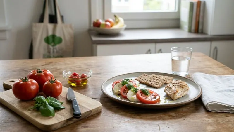 image sobre et informative, avec tomates, portions raisonnables, ou une composition montrant les bonnes
pratiques alimentaires
