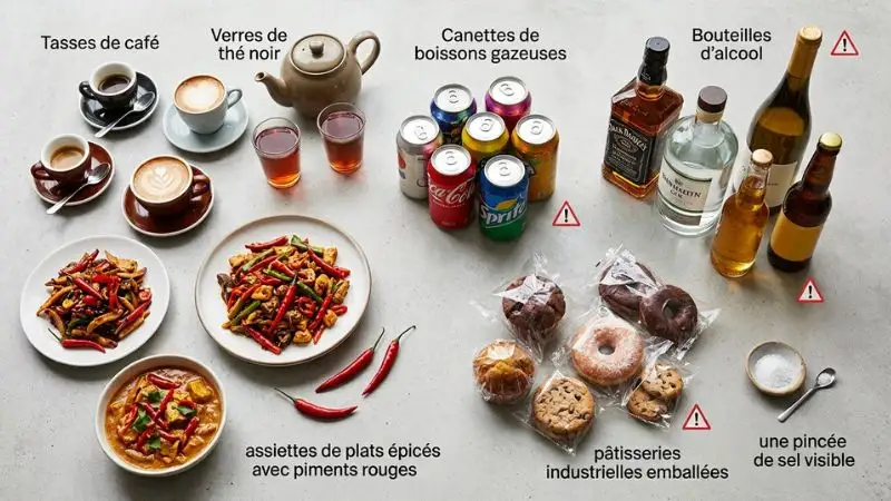 Café, thé, boissons gazeuses, alcool, plats épicés, pâtisseries et sel présentés comme aliments à éviter.