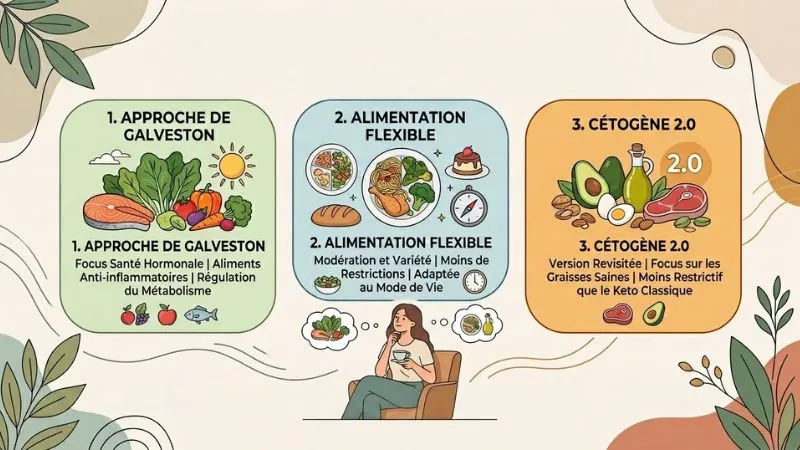 Image de choix : plusieurs options alimentaires, trois petites cartes,
“Galveston”, “Flexible”, “Keto 2.0”), ou une personne qui réfléchit devant différents types de menus