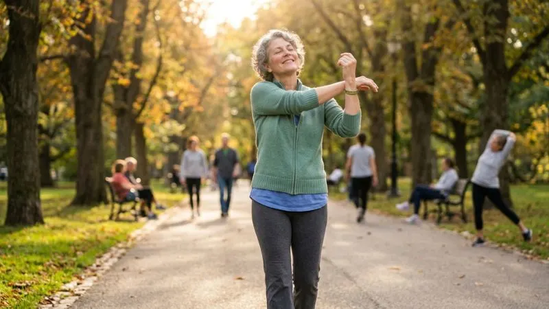 personne de plus de 50 ans souriante, détendue, en mouvement léger (marche, respiration, étirements)