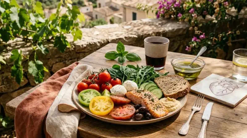 une assiette
méditerranéenne, des légumes frais, de l’huile d’olive et une ambiance évoquant les bienfaits de la tomate sur le cœur.