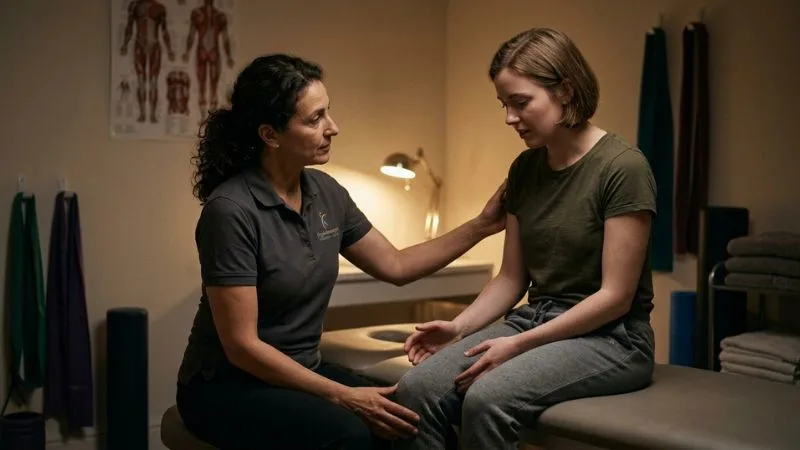 Image d’une personne qui consulte un kinésithérapeute dans un cabinet médical.
L'image transmet l’idée de prudence, d’écoute du corps et d’accompagnement professionnel en cas de douleur inhabituelle.