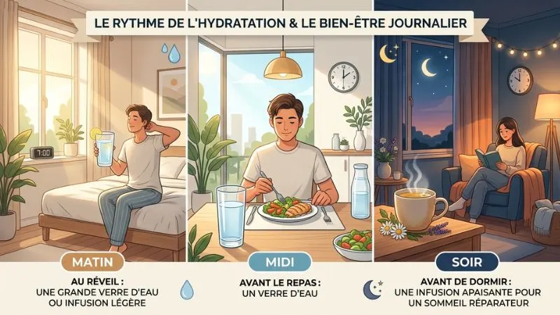 Image d’une scène découpée en trois moments de la journée : le matin avec un grand verre d’eau au réveil, le midi avec un verre d’eau avant le repas, et le soir avec une infusion apaisante.