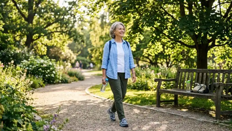 Femme senior marchant dans un parc avec une bouteille d’eau à la main.