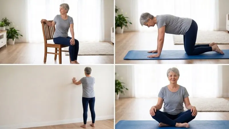 Image d’une série de mouvements doux montrés dans un même univers visuel : chaise stable, tapis de sol, position à quatre pattes,
exercice au mur, rotation assise.