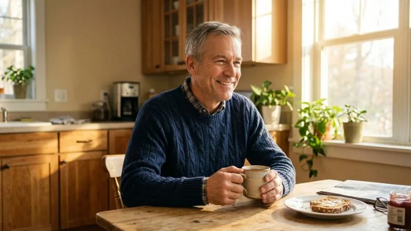 Image positive et inspirante d'une personne de plus de 50 ans souriante, détendue, dans un moment de plaisir simple : un café du matin
dans une cuisine baignée de lumière