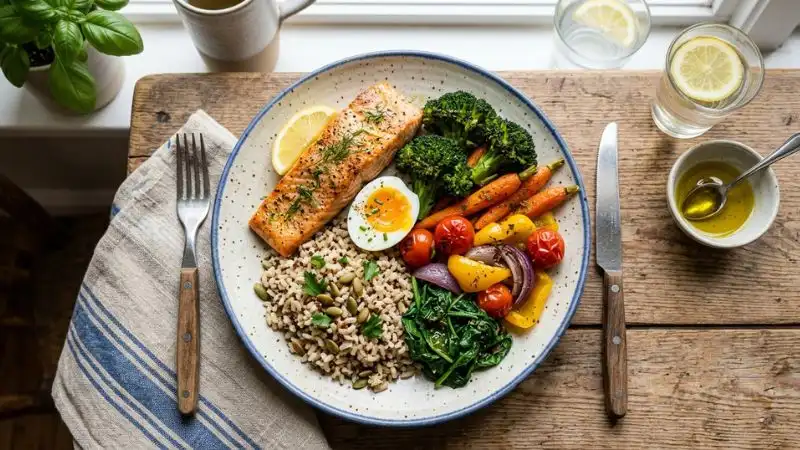 Image d'une assiette équilibrée vue de dessus, avec une répartition claire de légumes colorés, de céréales complètes et de protéines
dans un cadre de cuisine chaleureux.