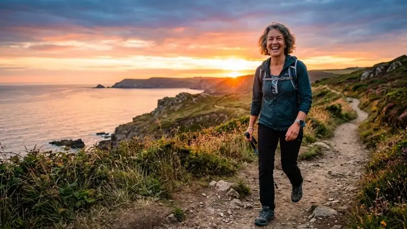 Une personne de plus de 50 ans souriante, énergique, marchant en extérieur au coucher du soleil, avec une expression sereine et confiante