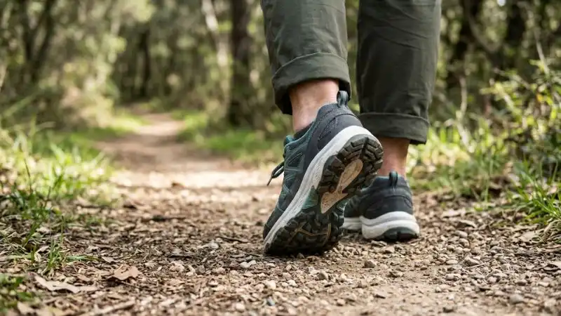 Gros plan sur des chaussures de marche confortables, sur un chemin naturel. On peut voir la semelle, l’amorti, et une posture stable