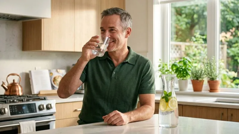 Une personne d'âge mûr buvant un verre d'eau, dans une cuisine. également sur la table une carafe d'eau avec des rondelles de citron.