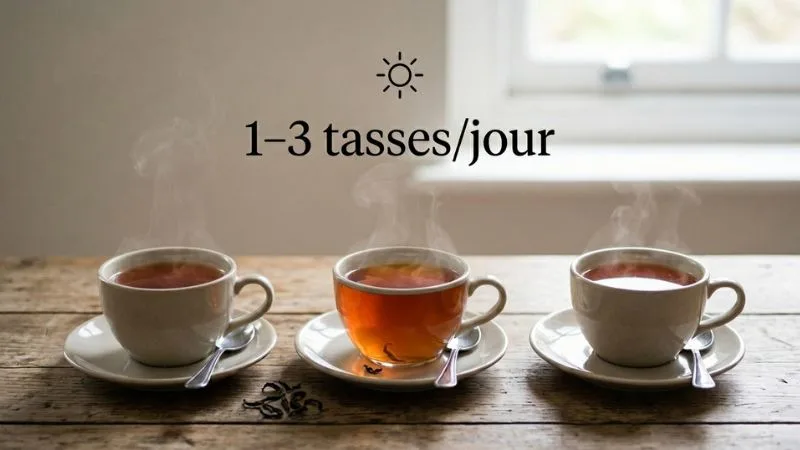 Trois tasses de thé noir alignées sur une table, avec un fond neutre. Avec un texte visuel « 1–3 tasses / jour »
et une icône de soleil (matin, après-midi, soirée)
