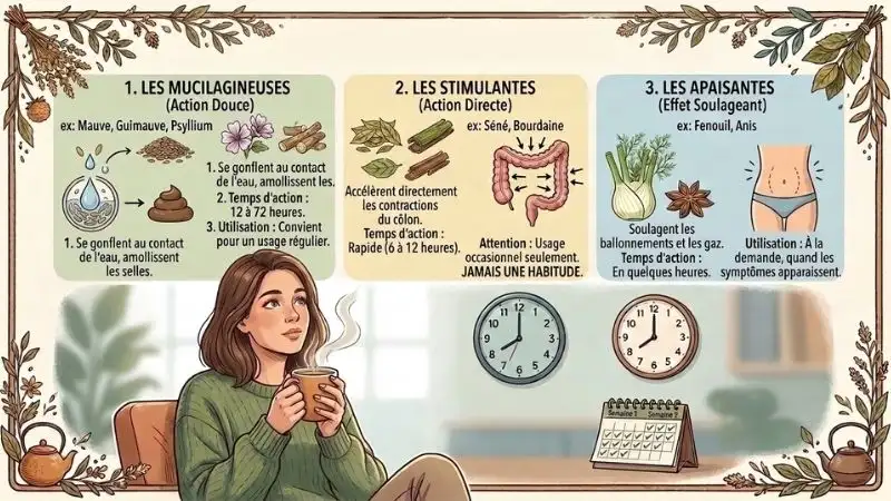 Illustration d'une timeline montrant les délais (12-72h pour les plantes douces, 6-12h pour les
stimulantes), avec des icônes de tasses de tisane espacées dans la journée.